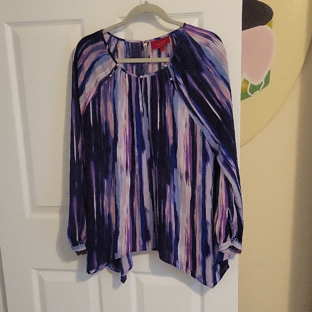 Jennifer Lopez Purple and Pink long sleeve, scoop neck Striped Blouse SzXL